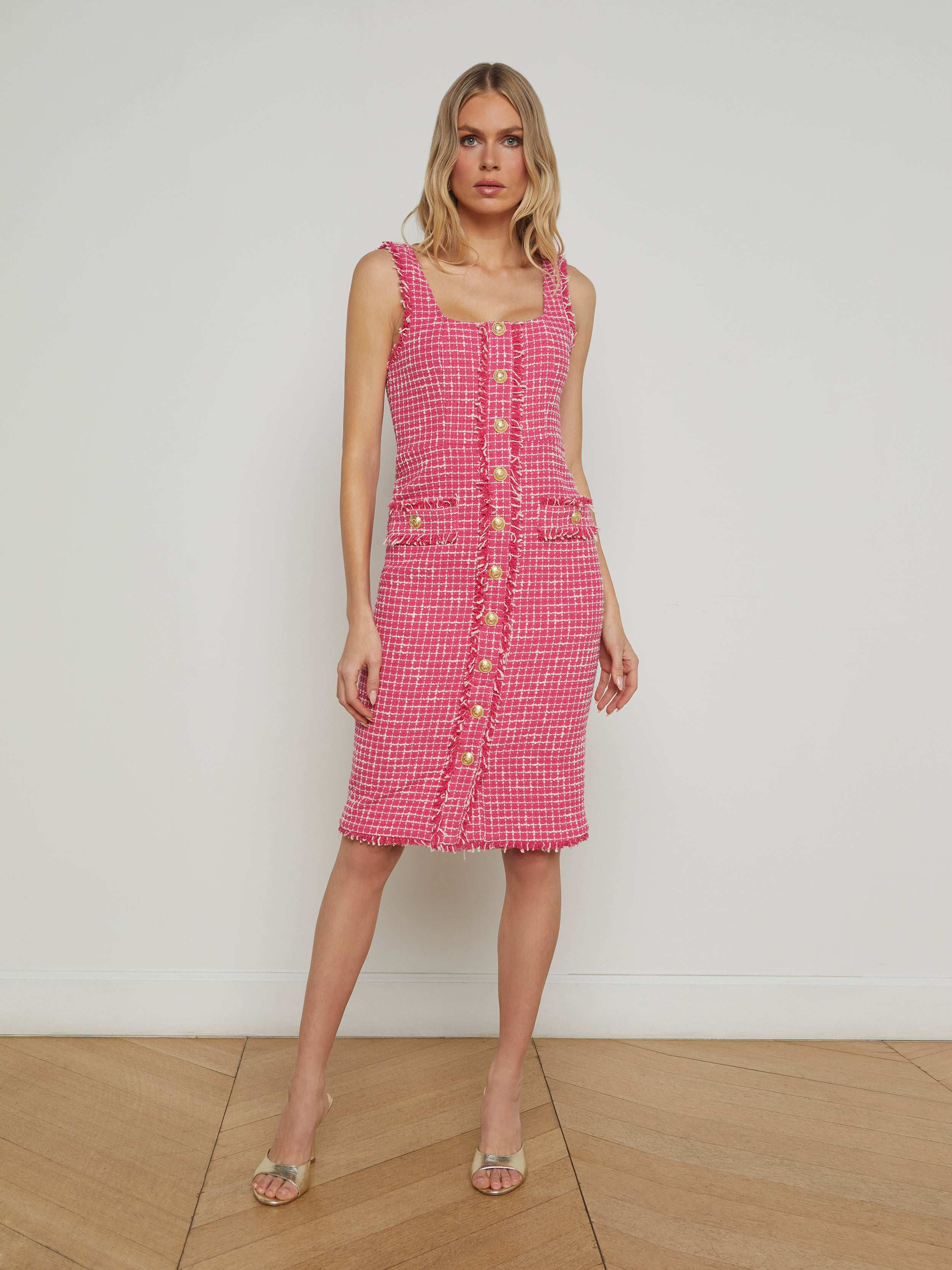 L'AGENCE - Aya Tweed Midi Dress in Pink/Ivory | L'Agence
