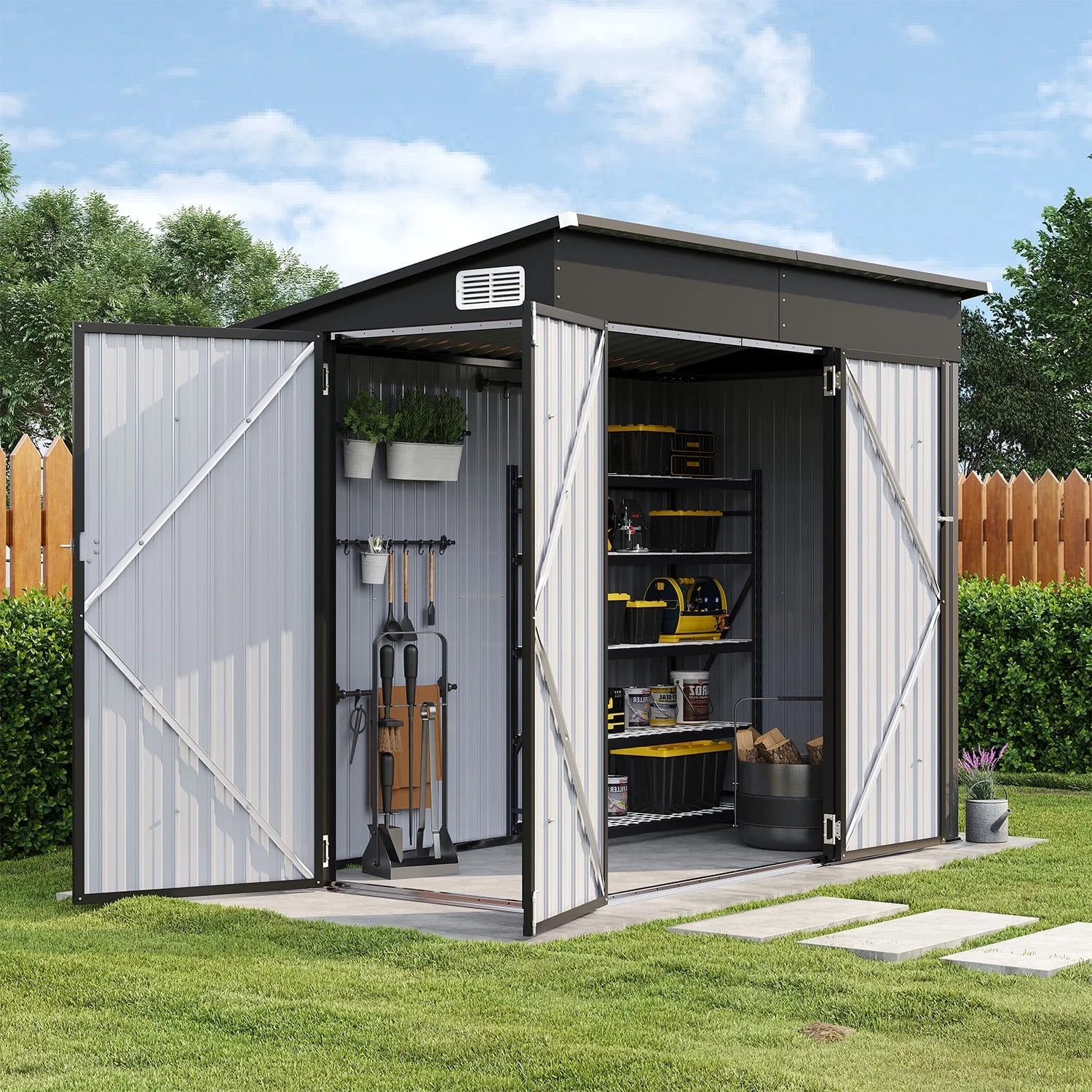 Sunmthink 8' x 4' Metal Storage Shed with Triple Doors, Lockable Lean-to Design & Vents, Black | Walmart (US)