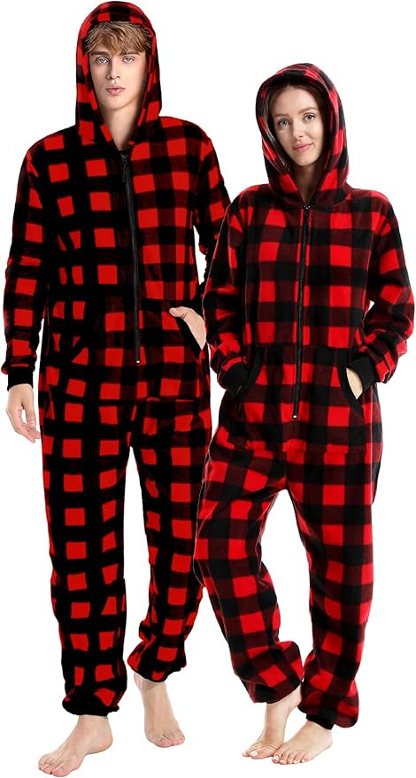 Unisex Adults Buffalo Plaid Onesie Pajamas Hooded Christmas PJS for Family Jumpsuit Thermal with ... | Amazon (US)