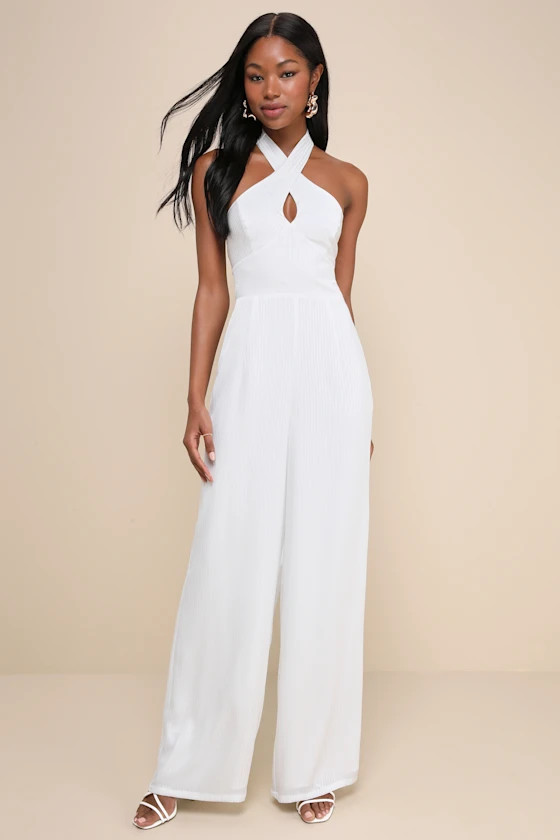 Constantly Copied White Satin Cross-Front Halter Jumpsuit | Lulus