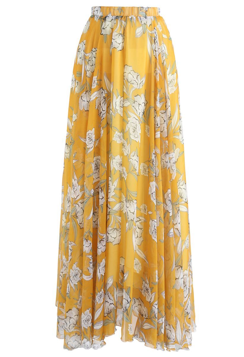 Flower Season Chiffon Maxi Skirt in Yellow | Chicwish