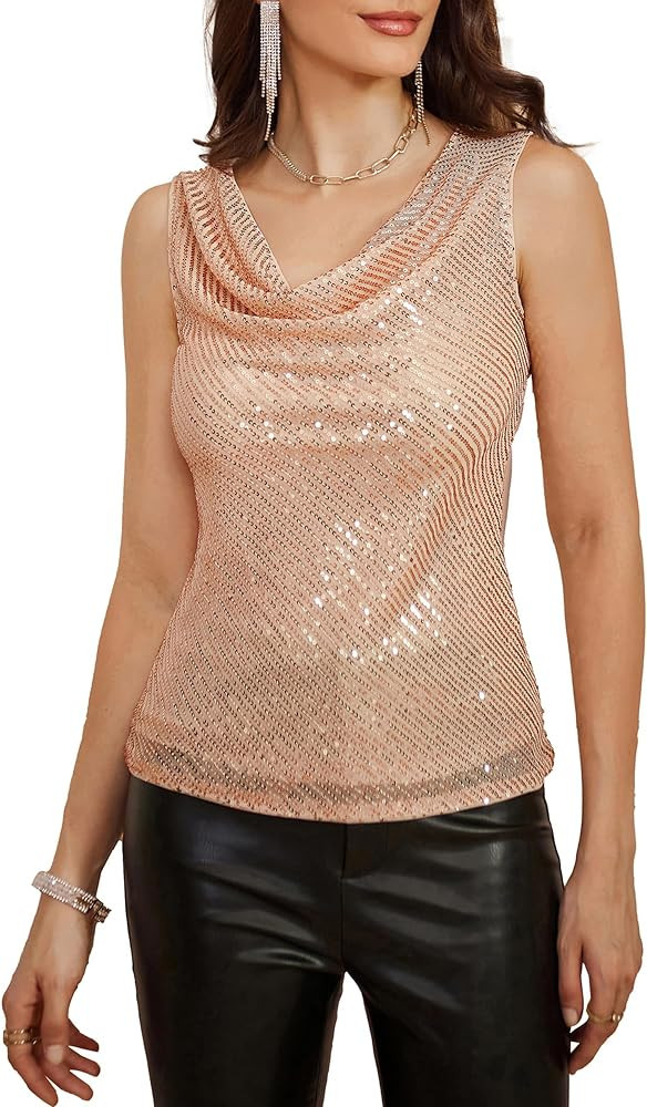 GRACE KARIN Women's Sleeveless Cowl Neck Sequin Tank Tops Sparkly Club Party Shirts Drape Neck Gl... | Amazon (US)
