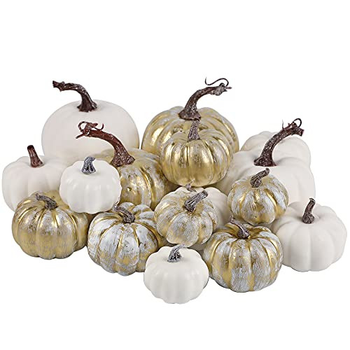 Artmag 12 Pcs Assorted Fall Artificial Pumpkins Large Harvest Frosted Gold Plating and White Pumpkin | Amazon (US)