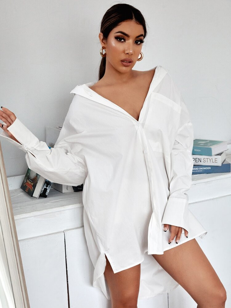 SHEIN Pocket Patched Button Up Oversized Shirt Dress | SHEIN