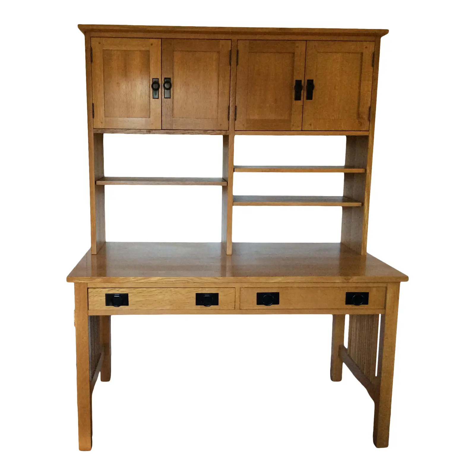 Stickley Quartersawn Oak Spindle Library Desk With Bookcase Top | Chairish