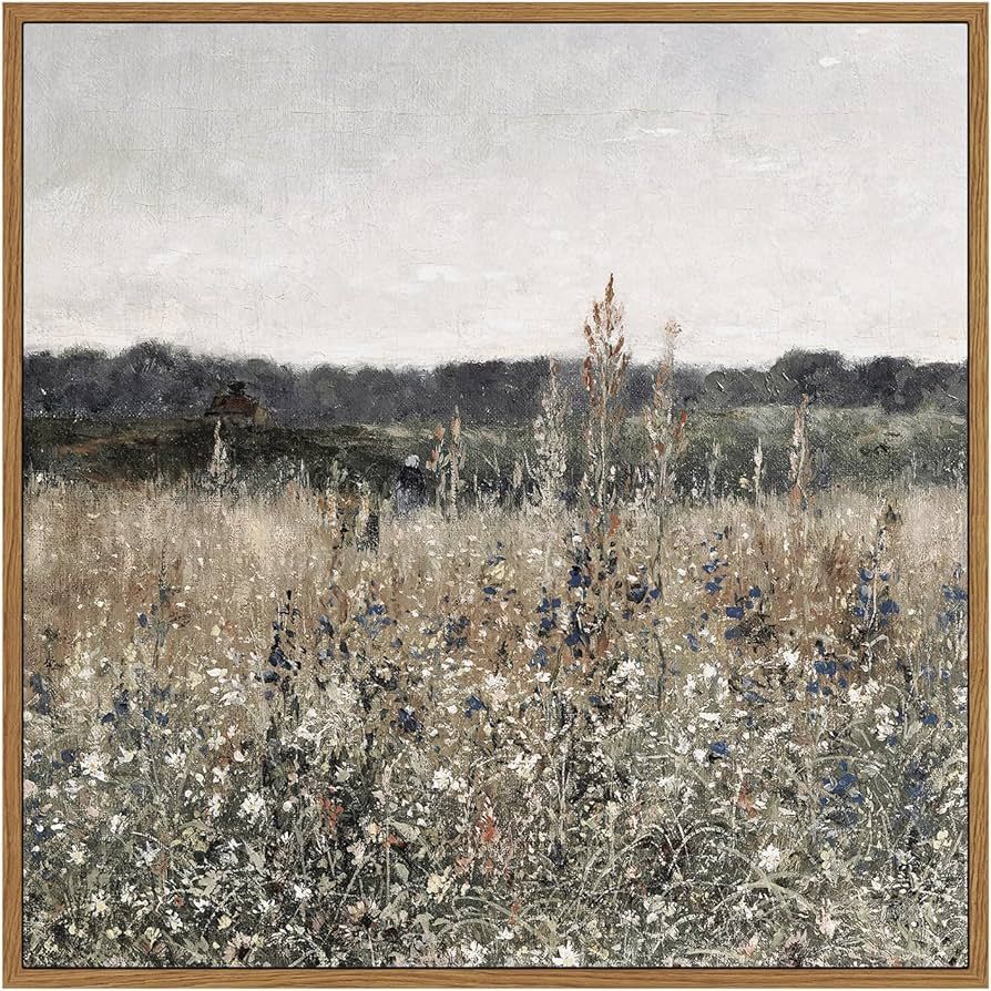 InSimSea Square Framed Canvas Wall Art Home Decor, 12x12in Vintage Scenery Field Meadow Flowers W... | Amazon (US)