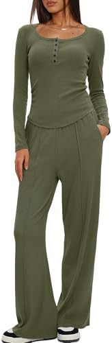 Darong Women's Fall Trendy 2 Piece Outfits Lounge Sets Long Sleeve Top Henley Shirts Wide Leg Pan... | Amazon (US)