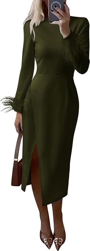 PRETTYGARDEN Women's 2025 Fall Long Sleeve Dress Formal Midi Bodycon Wrap Slit Feather Elegant We... | Amazon (US)