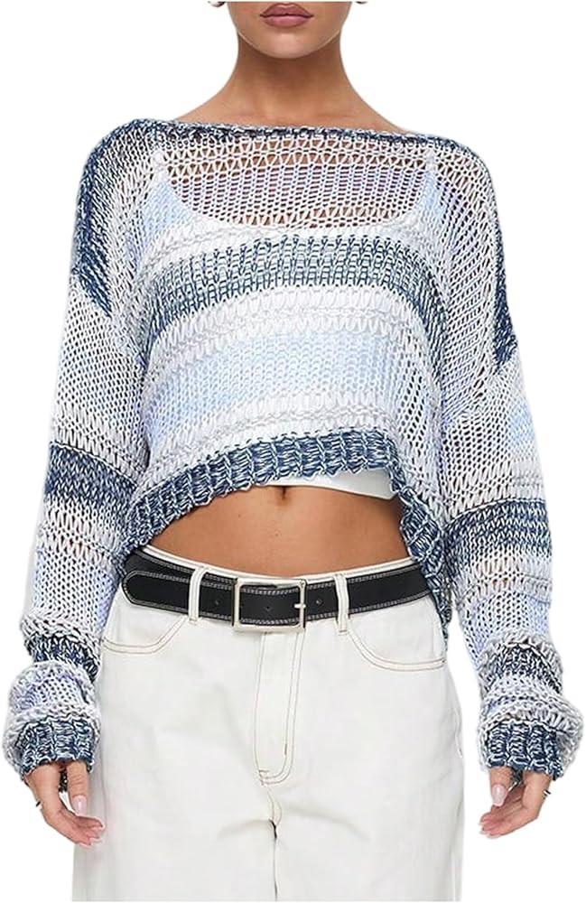 SweatyRocks Women's Striped Hollow Out Crochet Sweater Grunge Boat Neck Loose Crop Pullover Tops | Amazon (US)