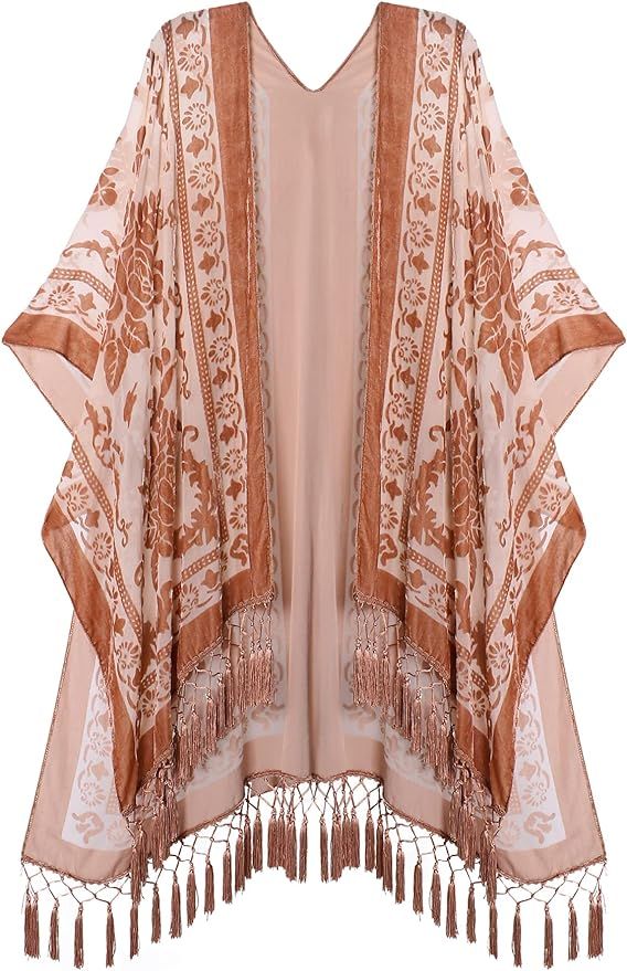 WeHello Women's Burnout Velvet Kimono Long Cardigan Cover Up Without Tassel | Amazon (US)