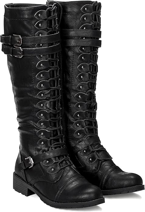 ILLUDE Women's Knee High Lace Up Buckle Military Combat Boots | Amazon (US)