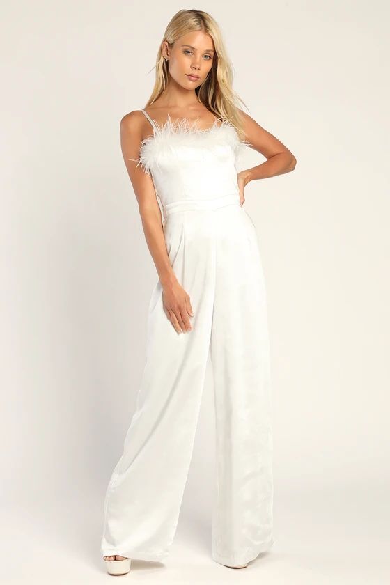 Feather Together Ivory Satin Feather Wide-Leg Jumpsuit | Lulus (US)