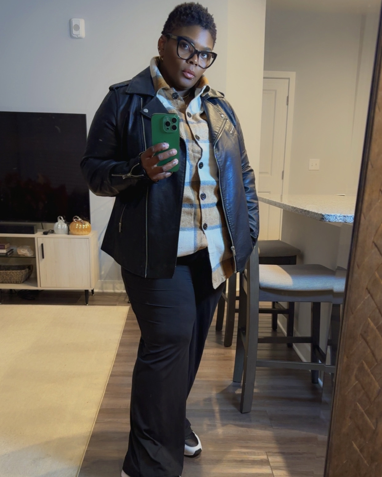 My full errand ootd. Comfy cozy and perfect for the weather. #plussizeootd #plussize #leatherjackets #leatherjacket #loungewear #plaidshirts #grwm #plussizefashion 

#LTKootd #LTKOver40 #LTKPlusSize