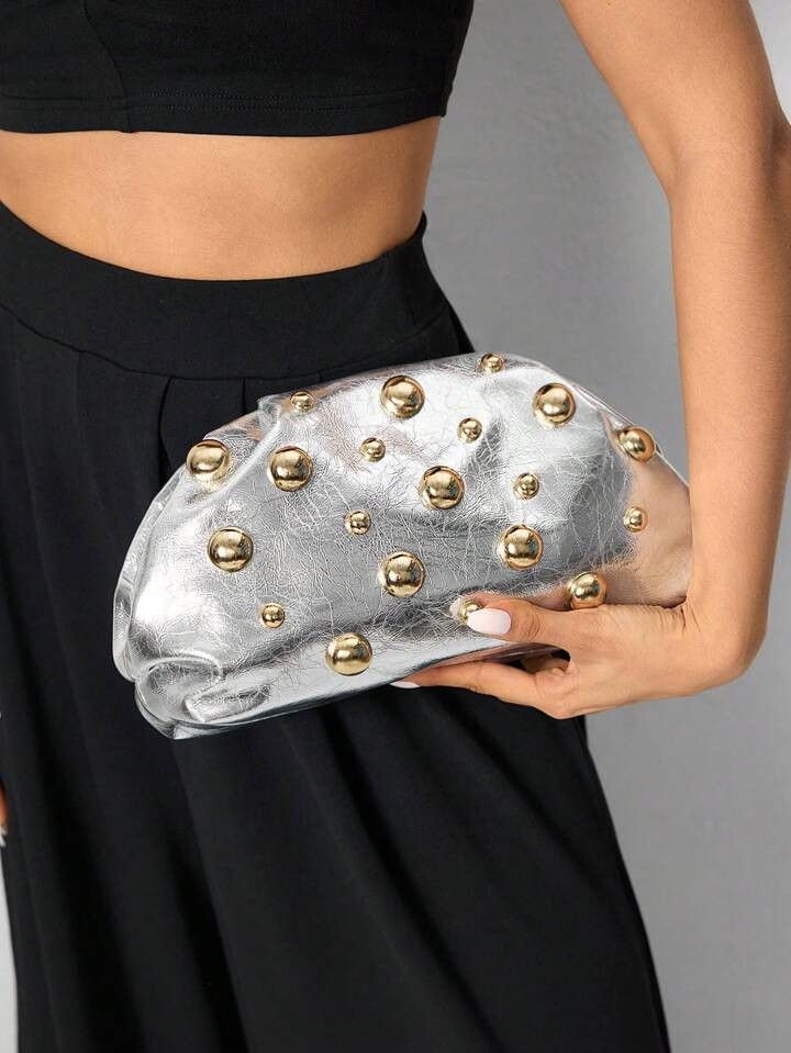 SHEIN SXY Ladies, Women Clutchs, Fashionable, Elegant, Simple, Personalized, Versatile, Classic, Gold, Asymmetrical Sized Rivets, For Commute, Office, Date, Daily, Shopping, Afternoon Tea | SHEIN