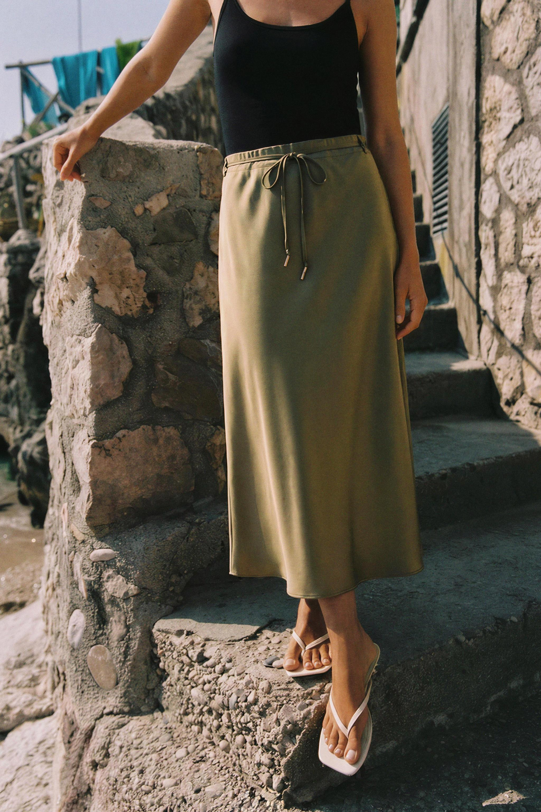 SATIN BELTED MIDI SKIRT | Zara US