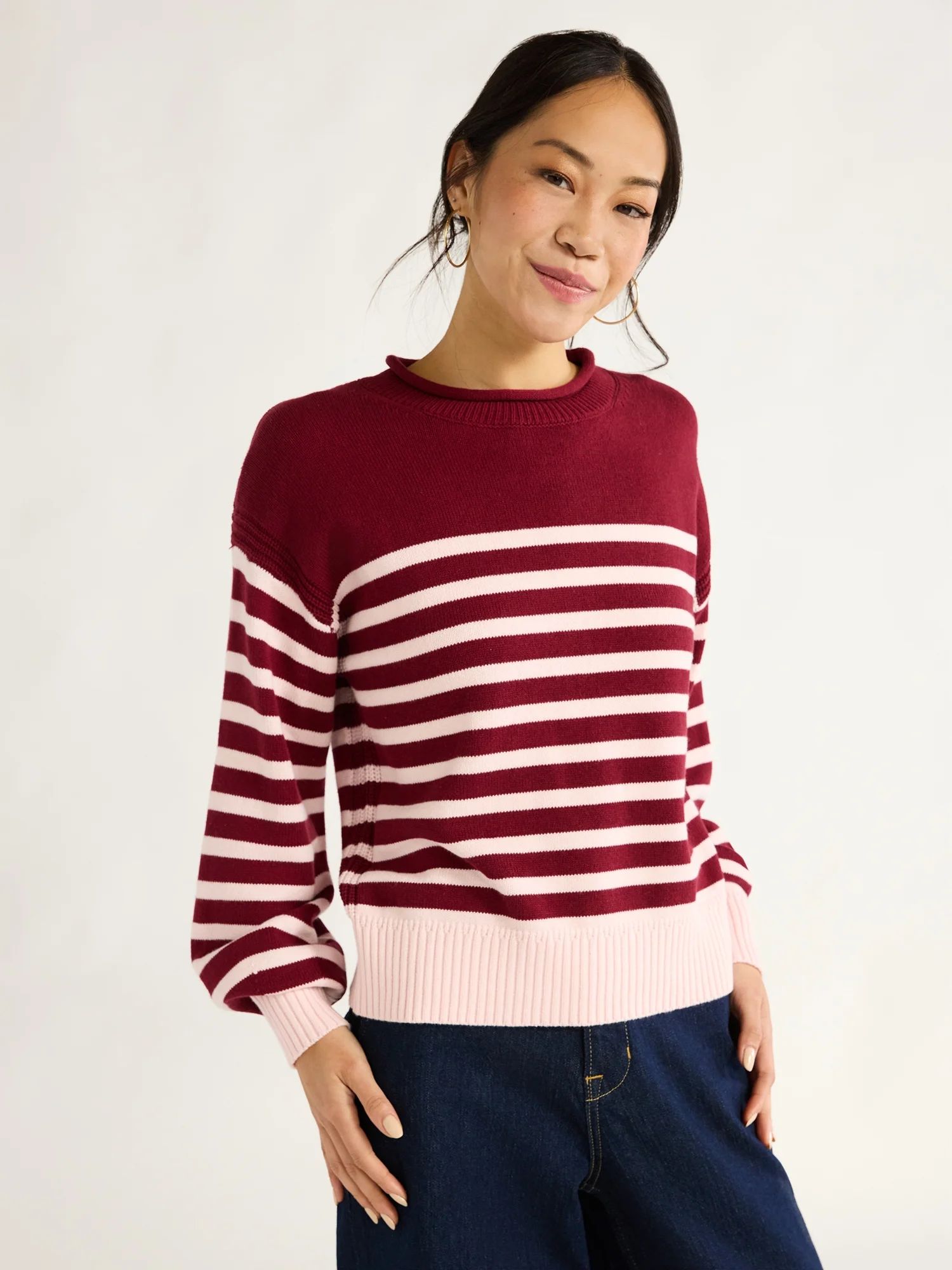 Free Assembly Women's Roll Neck Cotton Sweater with Long Sleeves, Midweight, Sizes XS-XXL | Walmart (US)