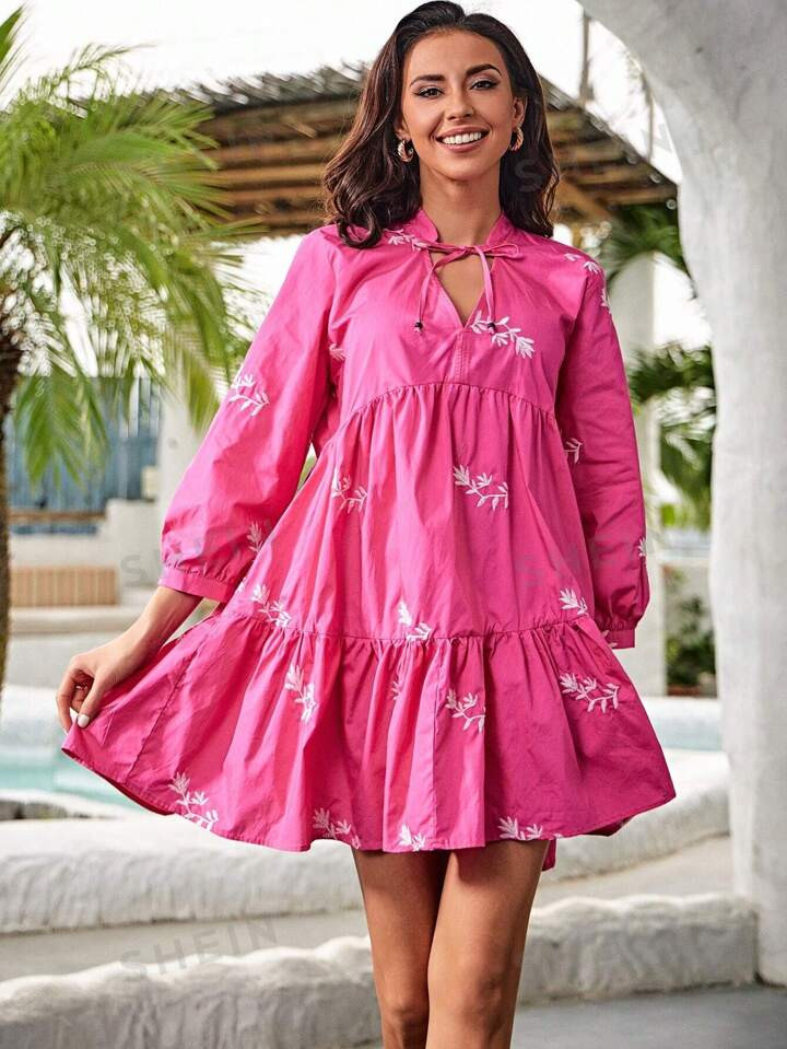 SHEIN VCAY Floral Embroidery Tie Neck Ruffle Hem Smock Dress | SHEIN