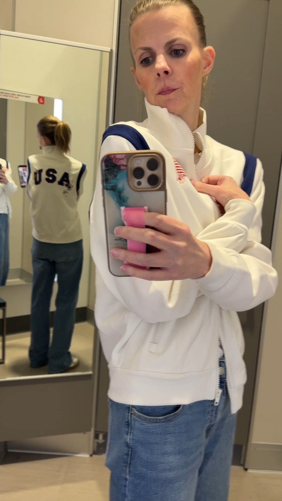 This USA zip up is extremely soft on the inside and so unique. I love the little flower detail. It is not something I have see all over the internet. Right now it js available in all sizes. It fits true to size.  XXS-3X #target #targetstyle #memorialdayoutfit

#LTKSeasonal #LTKTall #LTKootd