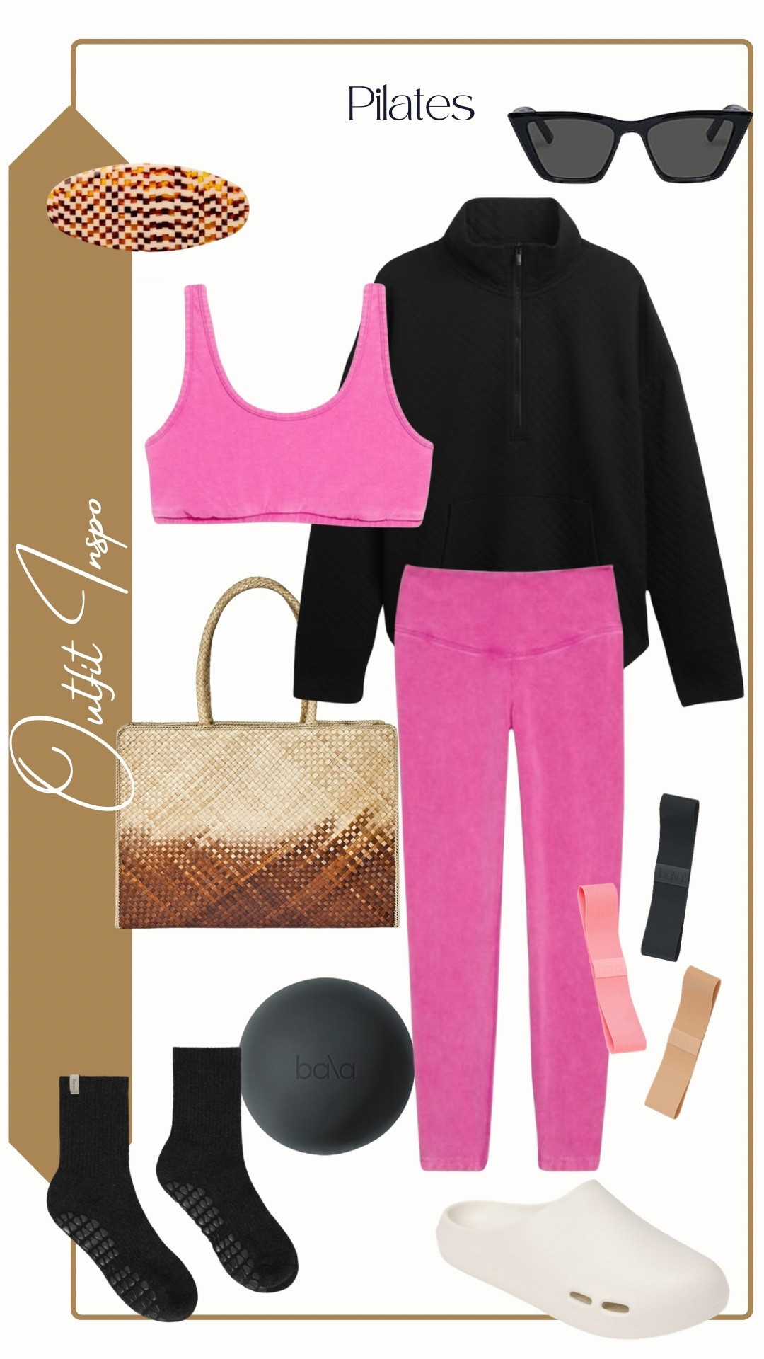 Outft Inspo

Pilates

Sports Bra & High Waisted Leggings - Old Navy (color: dragon fruit)
Black Quilted Quarter Zip Jacket - GAP
Straw Weave Tote Bag - Target
Black Sunglasses - Le Specs(Velodrome Sunglasses)
Crew Grip Socks - Fraise
Checkered Barrette - Machete
Clog - Bombas (Friday Clog)
Pilates Ball & Bands - Bala

#LTKActive #LTKSeasonal #LTKootd