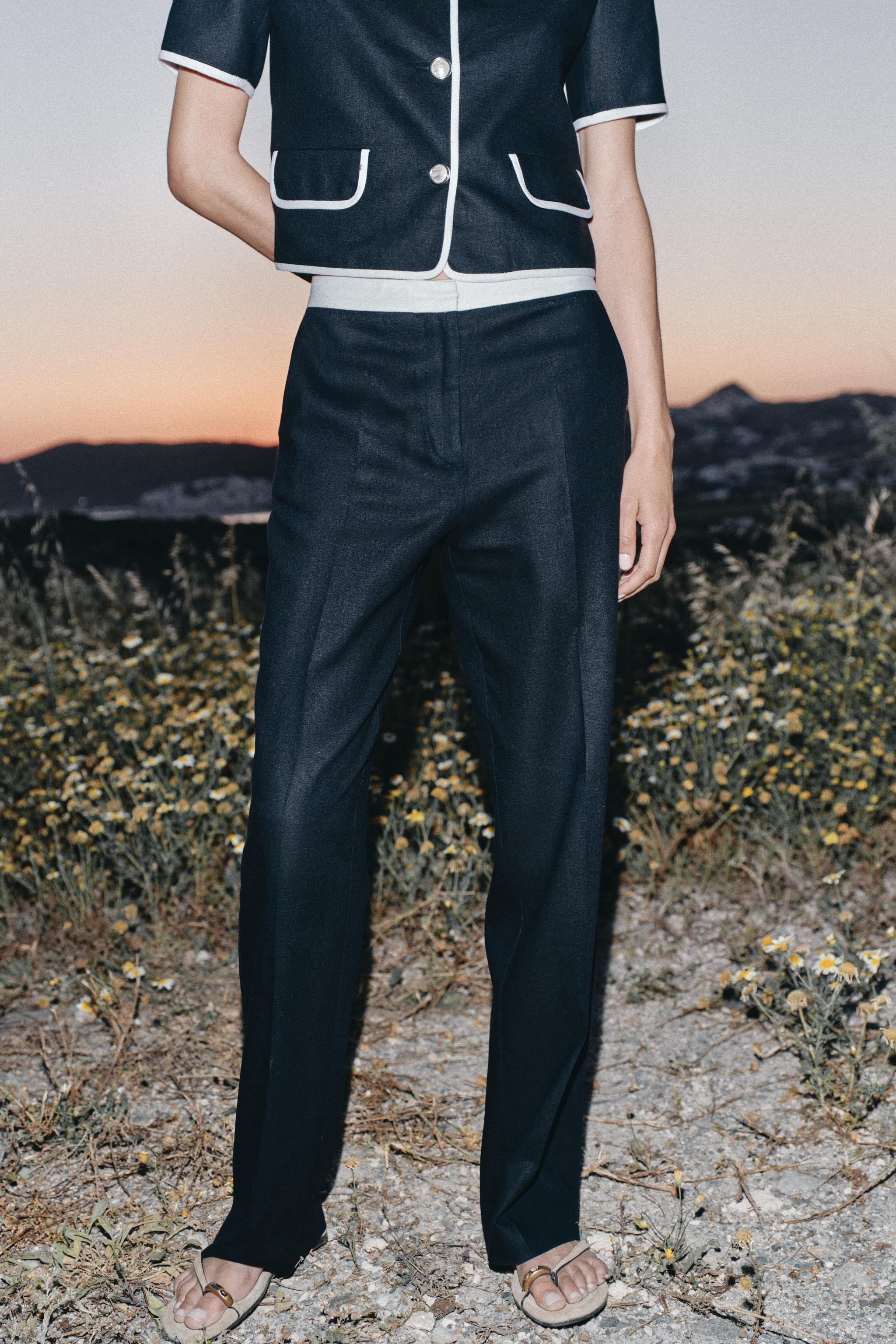 STRAIGHT-LEG LINEN BLEND TROUSERS WITH CONTRAST WAIST | Zara UK