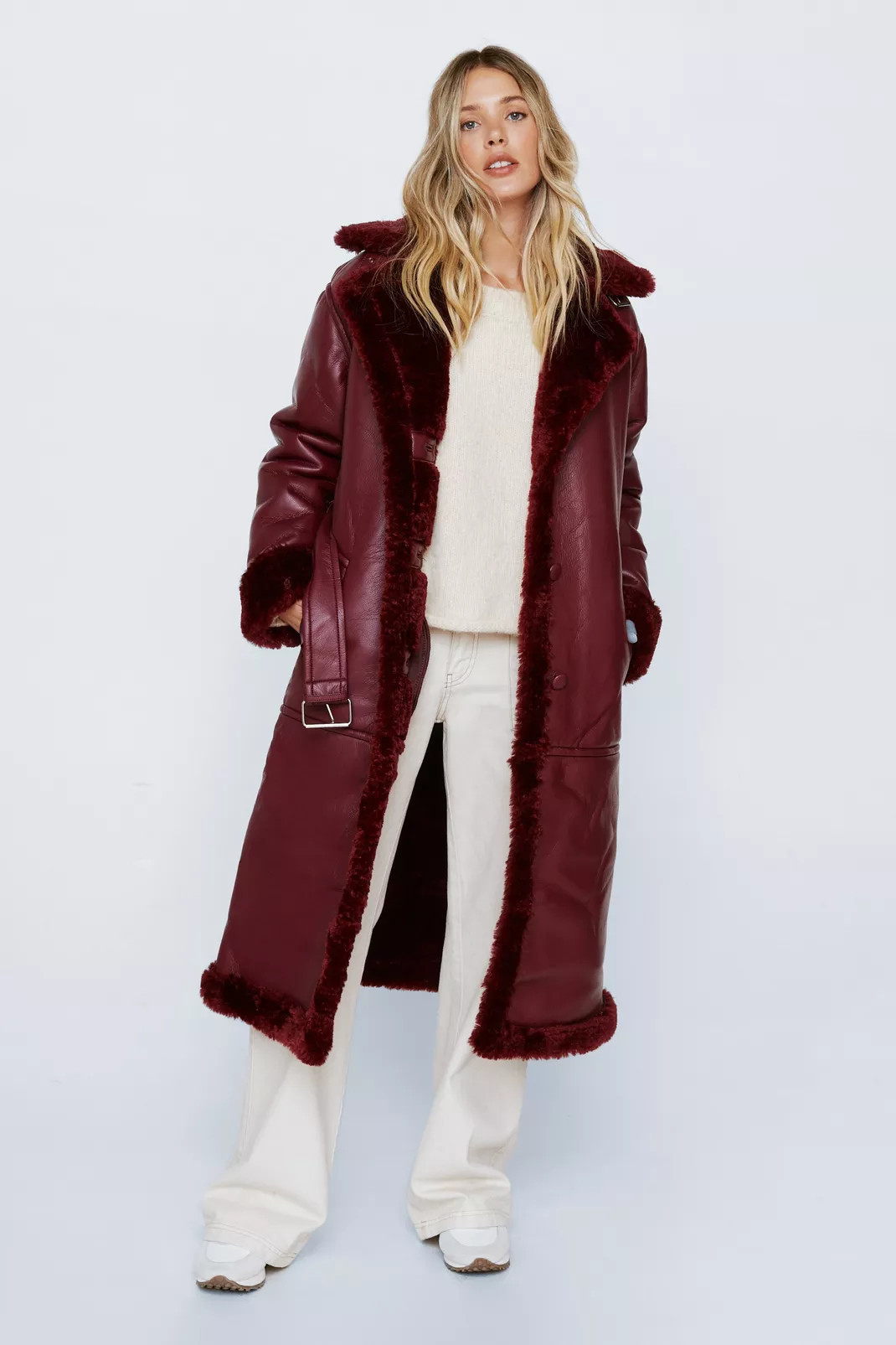 Premium Faux Leather Belted Borg Lined Coat | Nasty Gal (US)