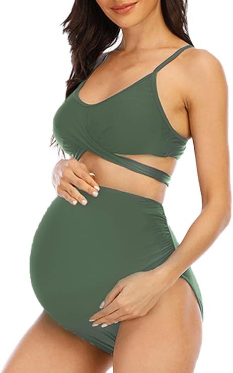 Women Criss Cross Maternity Bikini High Waist String Floral Two Piece Pregnancy Swimwear | Amazon (US)