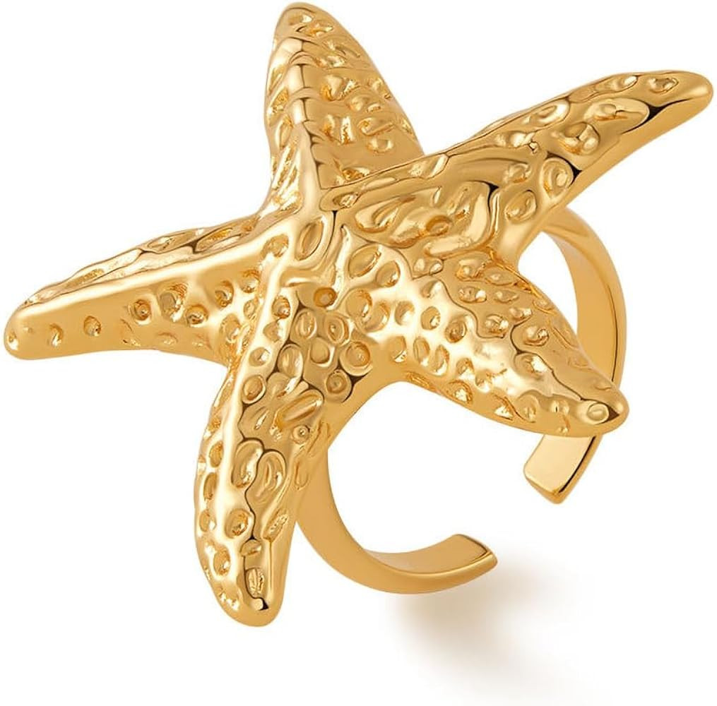 Gold Starfish Open Band Wrap Ring for Women Hypoallergenic Adjustable Chunky Sea Animal Stackable... | Amazon (UK)