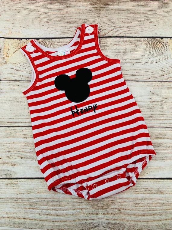 mouse bubble romper, Baby boy and toddler mouse head, red stripe knit bubble with embroidered mon... | Etsy (US)