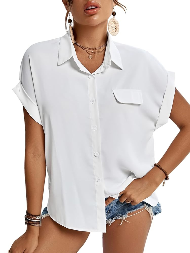 LYANER Women's Casual Collared Rolled Up Cap Sleeves Button Down Work Blouse Shirt Tops | Amazon (US)