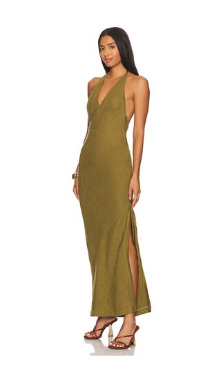 Linen Bias Halter Dress in Olive | Revolve Clothing (Global)