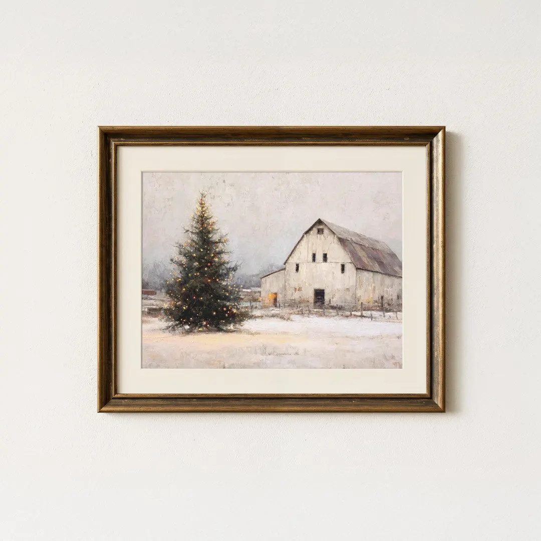 Vintage White Barn Snowy Winter Art, Framed Artwork, Painting, Printable (Digital Download) | Etsy (US)