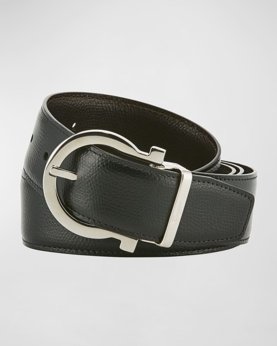 Ferragamo Men's Stamped Leather Gancio Buckle Belt | Neiman Marcus