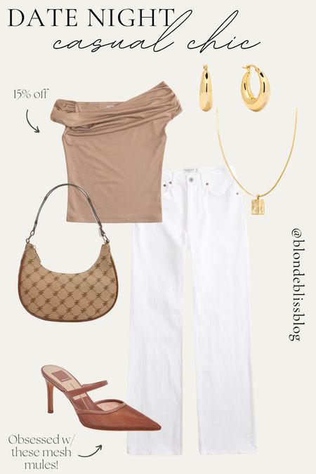 Casual chic outfit to wear on a spring date night! Off the shoulder top paired with white denim, mesh mules, gold accessories and a shoulder bag for a stylish, neutral spring outfit. These pieces are sure to be closet staples! 

#LTKSeasonal #LTKSpringSale #LTKfindsunder100