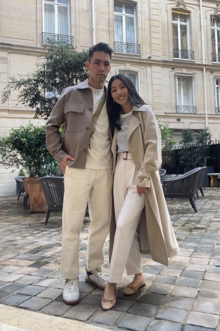 His & her style in Paris 
• oversized trench coat in beige xxs, runs big and long but I love the drape fabric and  effortless style 

• COS stripe tee Xs, I sized up for a boxier fit. Nice quality structured cotton tee

• ann Taylor belted taper ankle pants 00 petite. Exact style still stocked but my color is old from prior years. Runs a little big so I have the belt tightened 

• Jeffrey Campbell flats 5.5 needed breaking in when I got them last year 

On Nick:

• Zara men’s overshirt jacket , not linkable but currently stocked , taupe brown article # 6861 / 407

• Sezane stretch waist trouser jeans hemmed size Medium (Nick is usually a size 31 waist) 

• Rothy’s men’s stretch knit sneakers very comfy for travel

• Amazon belt bag to keep belongings secure during travel. 

Couples outfit smart casual Europe travel 

#LTKSeasonal #LTKtravel #LTKmens