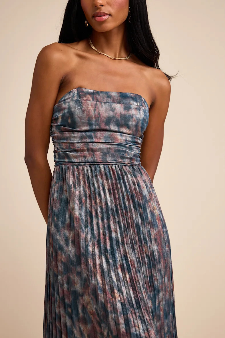 Islya Slate Blue Multi Abstract Pleated Strapless Maxi Dress | Lulus