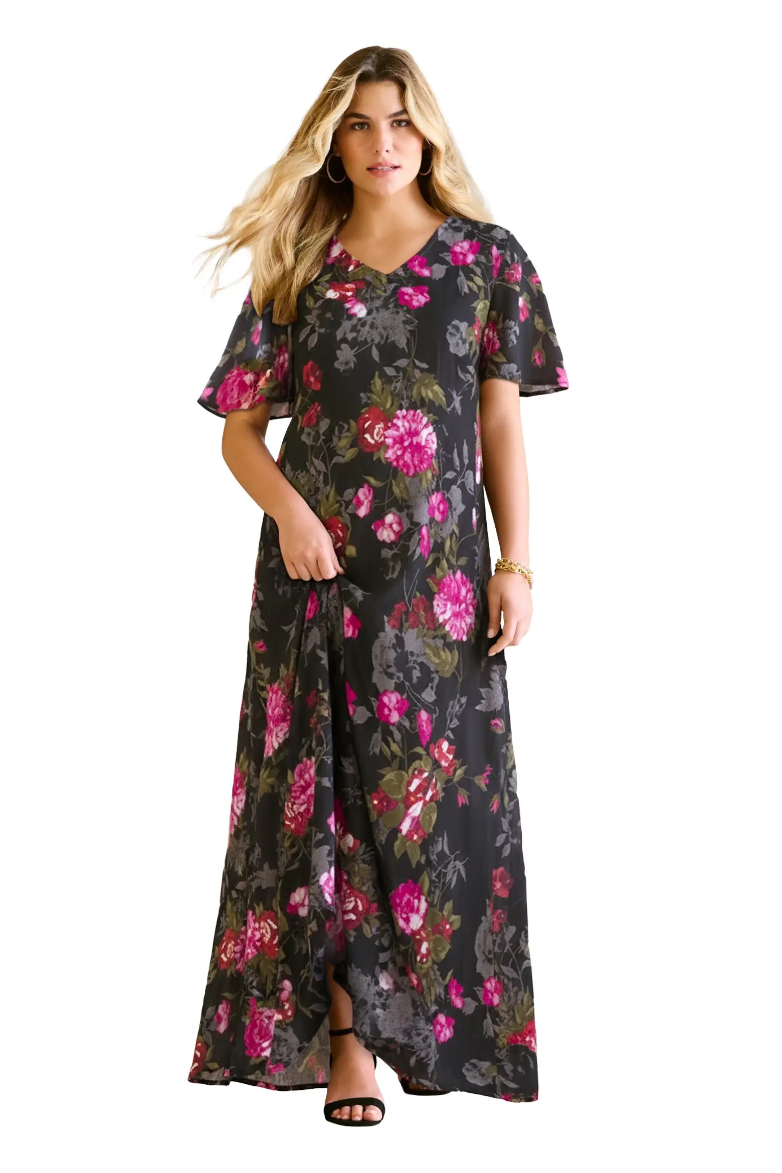 Roaman's Plus Size Hand Crinkled Flutter Sleeve Maxi Dress (Women) | Nordstrom | Nordstrom