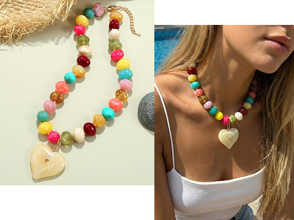 Elegance 11 designs Chunky Heart Necklace for Women, Colorful Acrylic Beaded Statement Puff Heart... | Amazon (US)