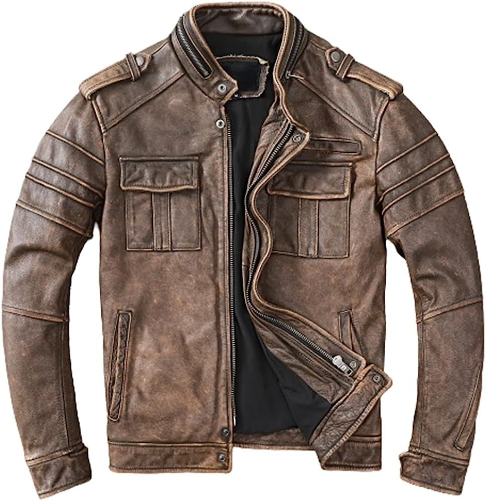 Mens Cafe Racer Jacket - Distressed Leather Jacket Men - Vintage Brown Leather Jacket - Genuine L... | Amazon (US)