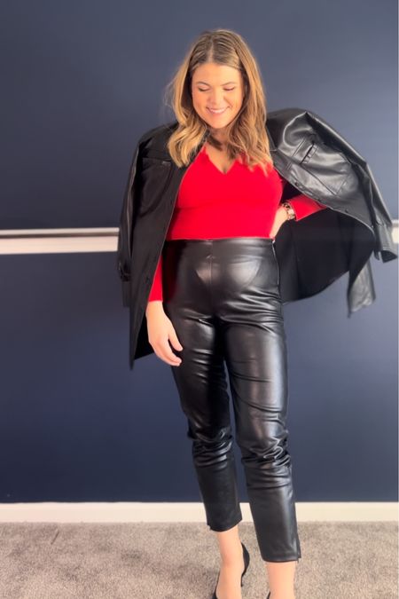 Work wear from old navy
Leather pants large
Bodysuit from amazon large
Jacket Marshall’s large
Heels amazon
Work outfit, office outfit, size 12, midsize 

#LTKworkwear #LTKunder50 #LTKcurves