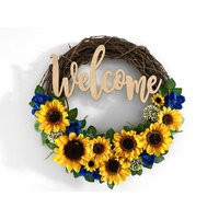 Sunflower Wreath - Sunflowers & Blue Blossoms On Grapevine Wreath with Welcome Sign | Etsy (US)