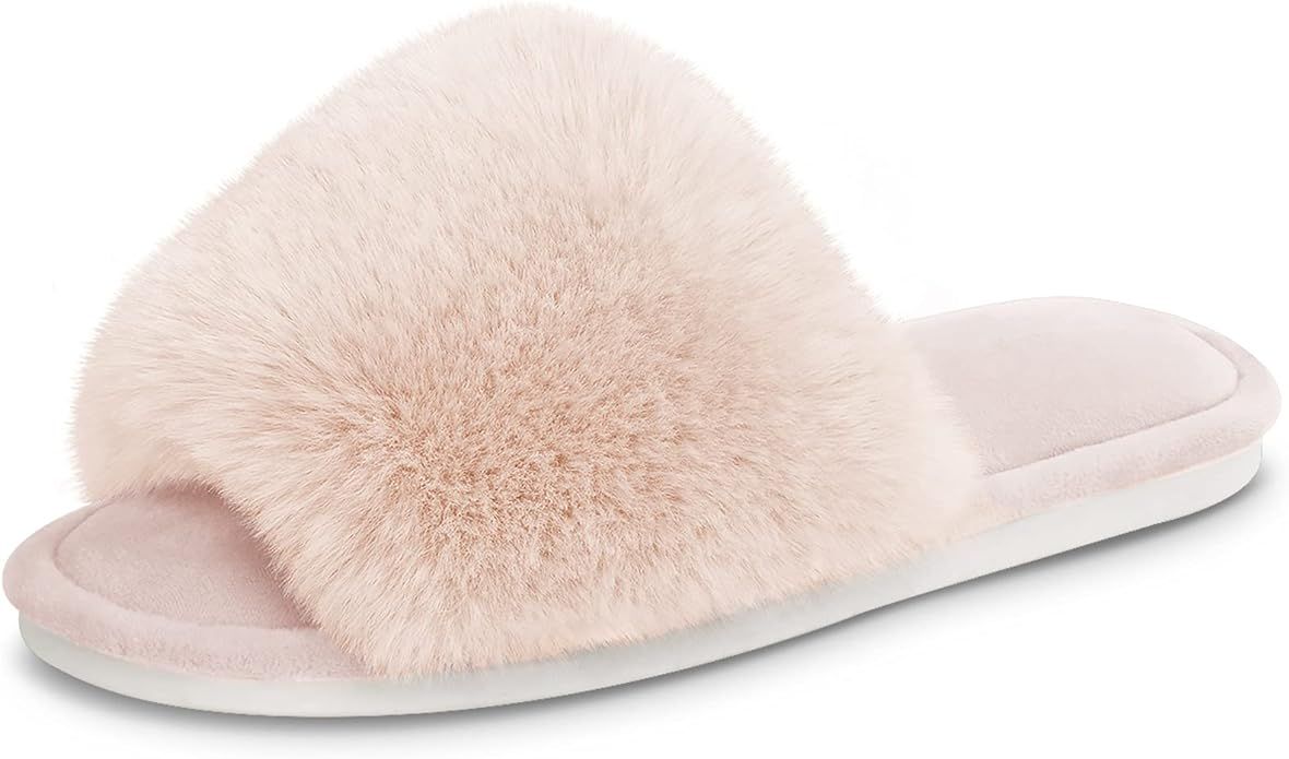 Women's Faux Fur Slippers Fuzzy Flat Spa Fluffy Open Toe House Shoes Indoor Outdoor Slip on Memor... | Amazon (US)