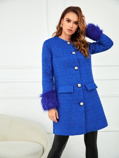 SHEIN X Lubna AlHomsi Fuzzy Cuff Plaid Tweed Coat | SHEIN