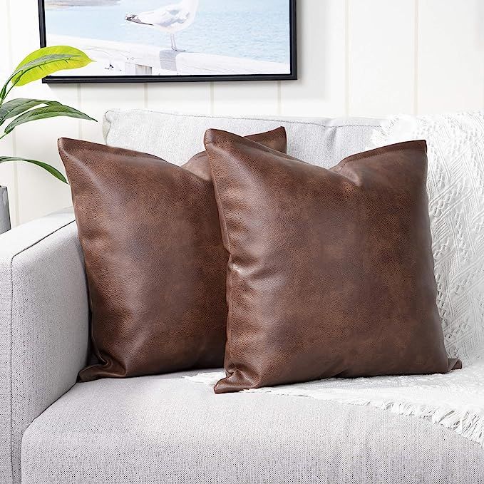 Yaertun Set of 2 Faux Leather Decorative Throw Pillow Covers Modern Solid Outdoor Cushion Cases L... | Amazon (US)