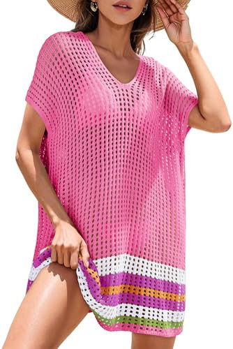 Dokotoo Womens Swim Cover Up Beach Bikini Swimsuit Coverups Resort Wear Short Sleeve Crochet Cruise Outfits Striped Side Split Dress Vacation Outfits,Bright Pink Small | Amazon (US)