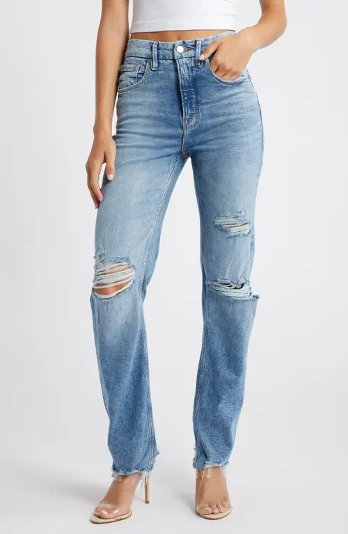 Good American Good Icon High Waist Ripped Straight Leg Jeans in Indigo666 at Nordstrom, Size 8 | Nordstrom