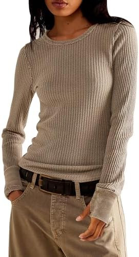 Women's Waffle Knit Tops Long Sleeve Shirts Casual Slim Fitted Crew Neck Pullover Shirts | Amazon (US)