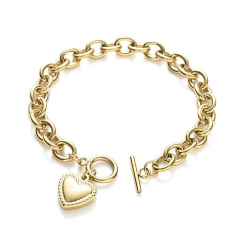 SAELACY 14K Gold Silver Tone Women’s Heart Charm Bracelets Toggle Clasp Stainless Steel Link Bracelet Minimalist Jewelry 7.5” (vintage heart-gold) | Amazon (US)