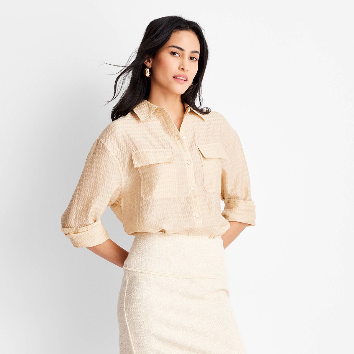 Women's Long Sleeve Utility Button-Down Top - Future Collective™ with Jenny K. Lopez Beige M | Target