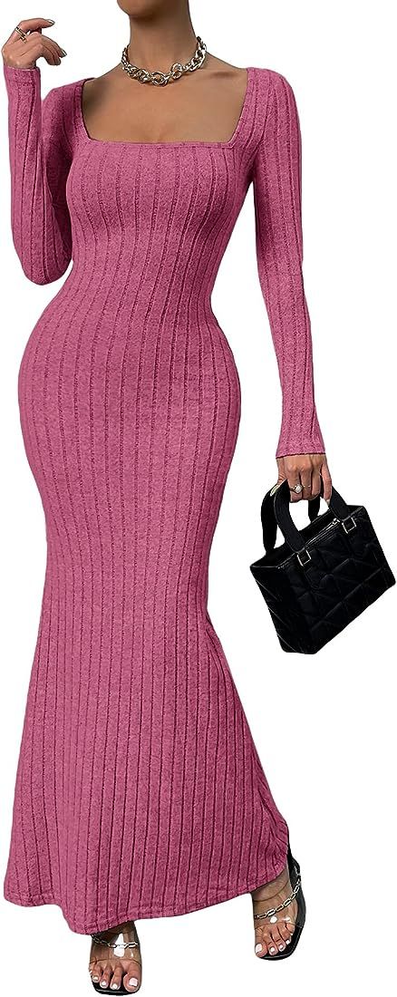 GORGLITTER Women's Square Neck Bodycon Maxi Dress Long Sleeve Rib Knit Mermaid Dress | Amazon (US)