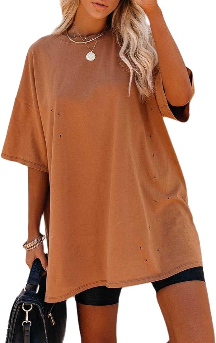 Remidoo Women's Casual Solid Crewneck Short Sleeve Oversized T Shirt Loose Tops | Amazon (US)